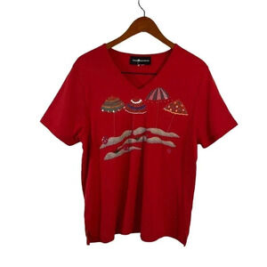 Sag Harbor Red Beach Theme Umbrella Sequin Beaded Short Sleeve T Shirt Novelty